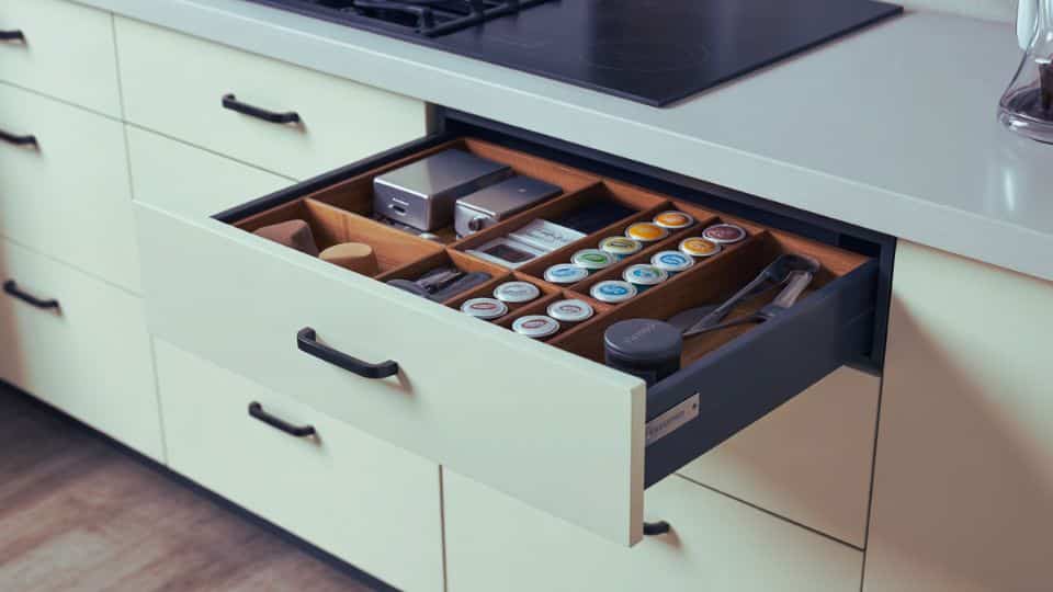 coffee bar with drawer organizers