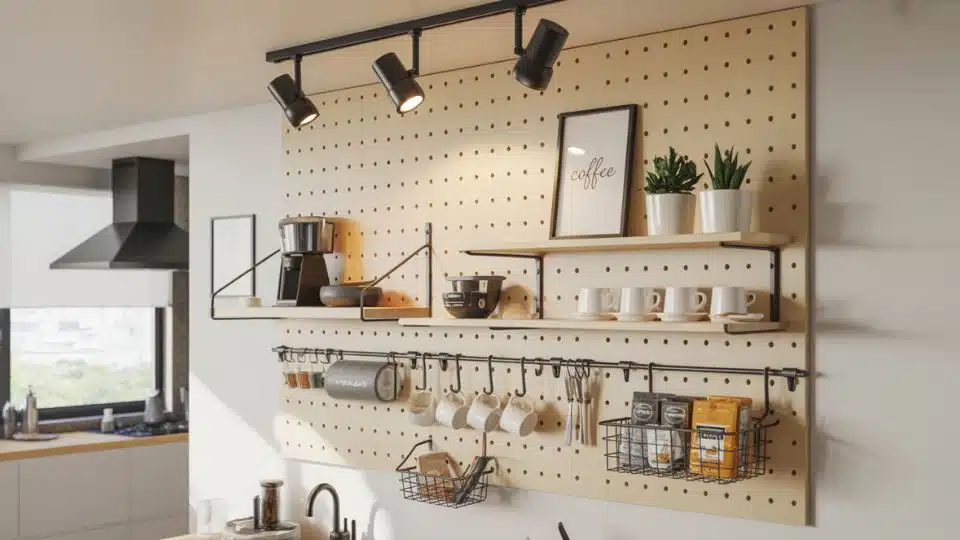 coffee bar with pegboard storage