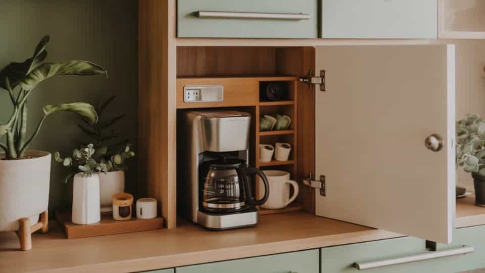 coffee station in a repurposed cabinet door