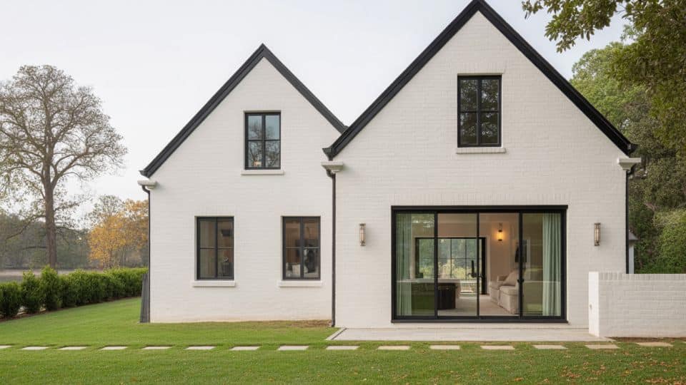 white painted brick with black gable peaks