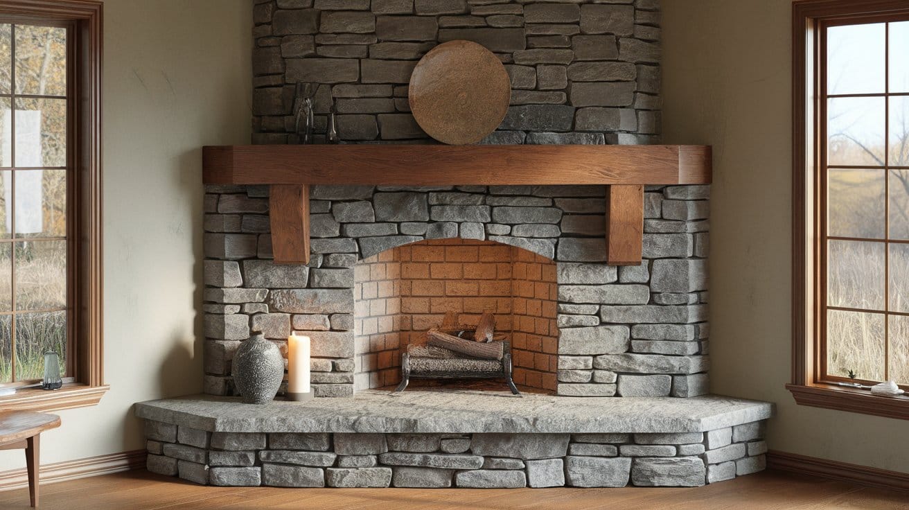 Stone-Surround-for-a-Corner-Fireplace-with-Wood-Mantel.