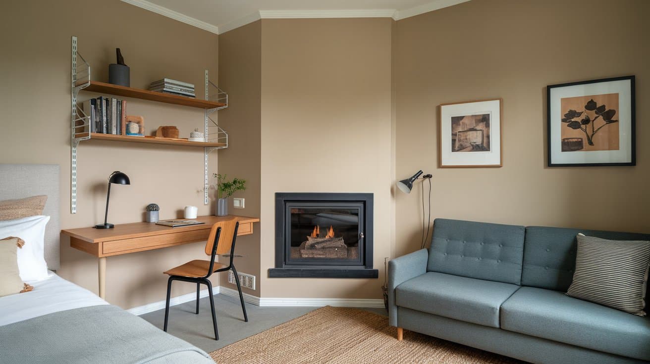 Corner-Fireplace-in-Studio-Apartment-Layout