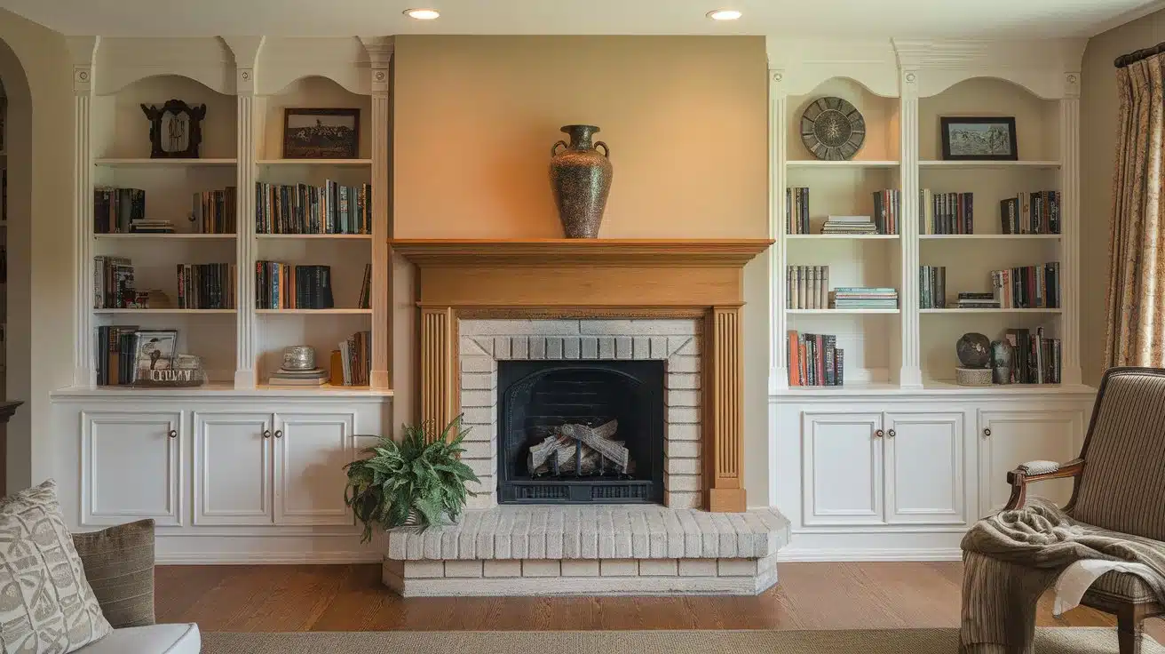 Corner-Fireplace-with-Bookshelves-Wraparound