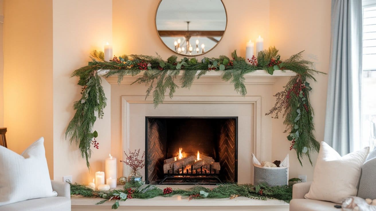 Seasonal-Greenery-and-Mirrors-around-fireplace