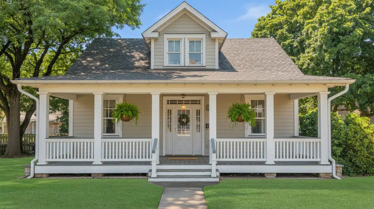 A Craftsman bungalow featuring a wide front porch with tapered columns and piers