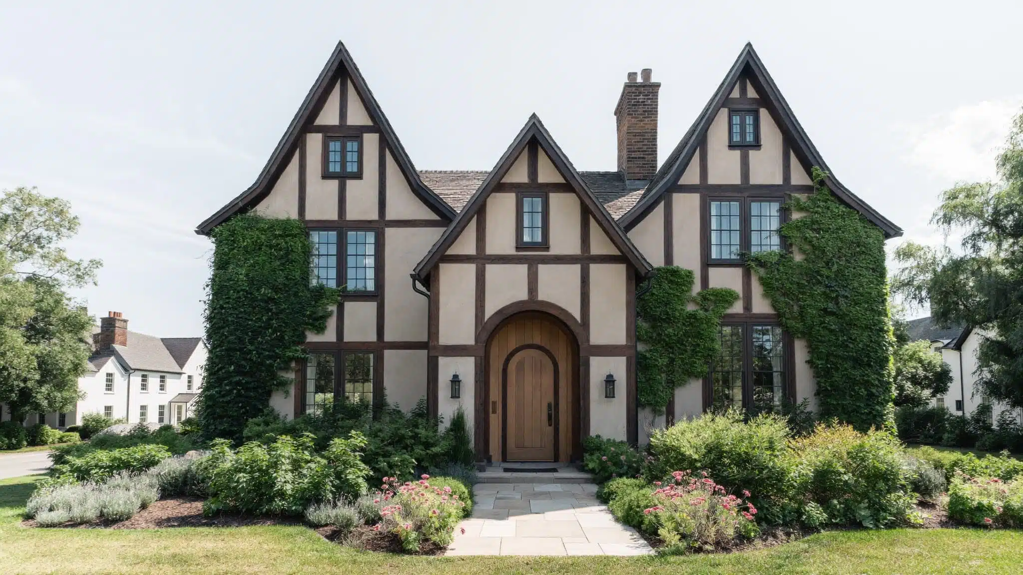 A Tudor-style home with classic half-timbering, steep gables, and an arched wooden entryway.