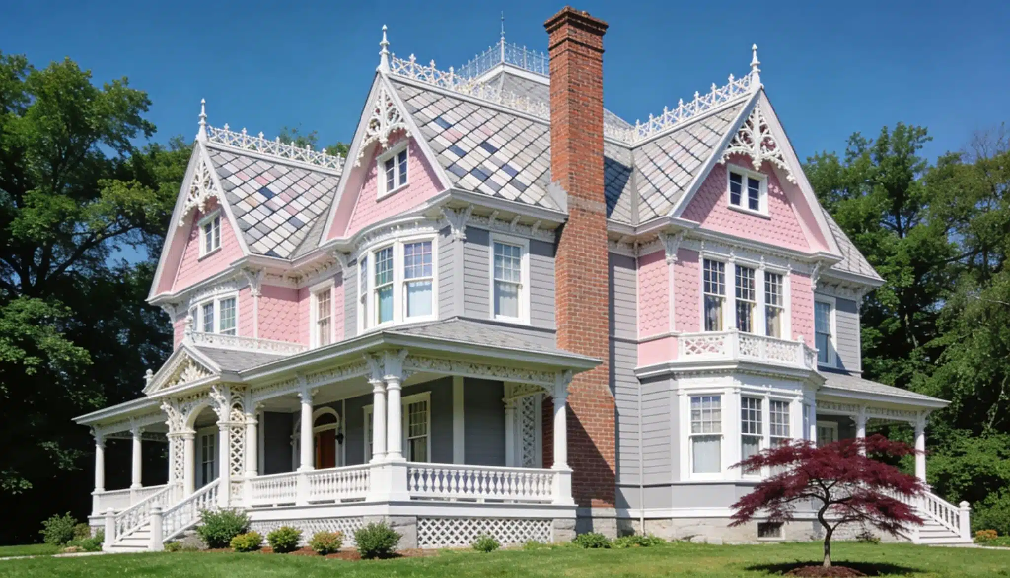 A classic two-story Victorian home with intricate trim, a round corner turret, and a covered porch.