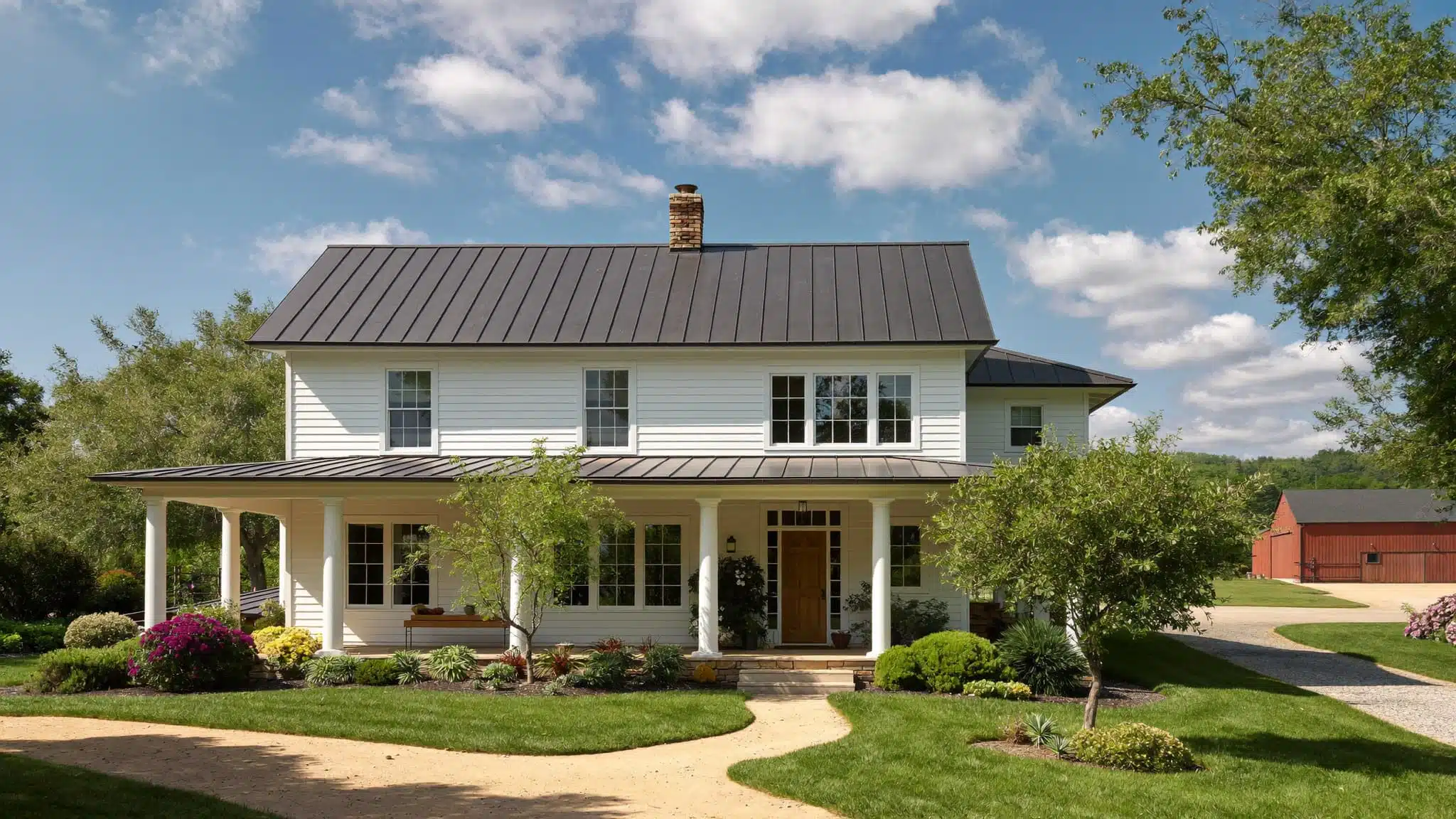 A classic white farmhouse with a large wraparound porch and simple gabled roofline.