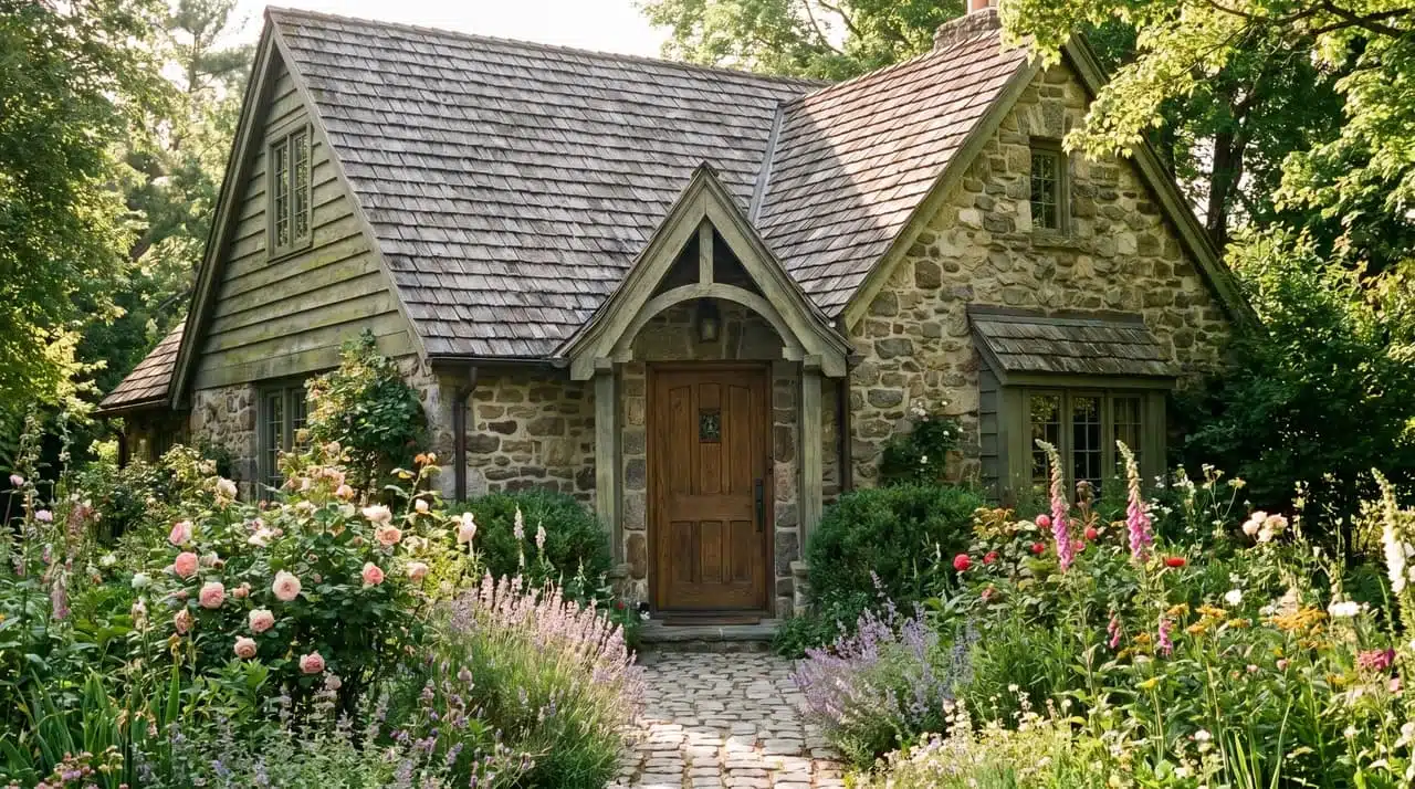 A cozy stone cottage nestled in a lush garden with an irregular roofline.