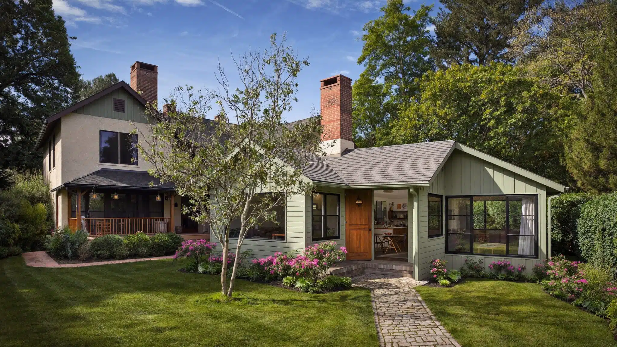 A detached backyard accessory dwelling unit located behind a larger primary residence.