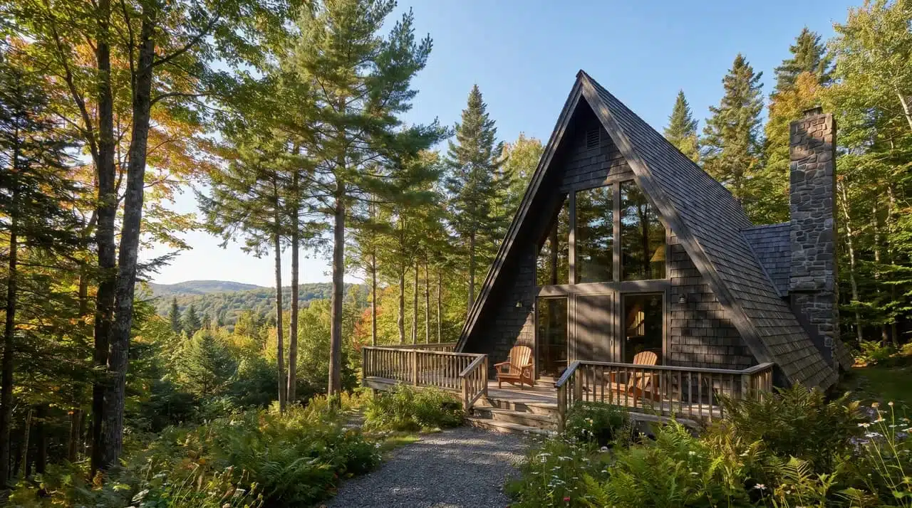 A dramatic A-frame cabin with a steep triangular roof and full-height glass facade.
