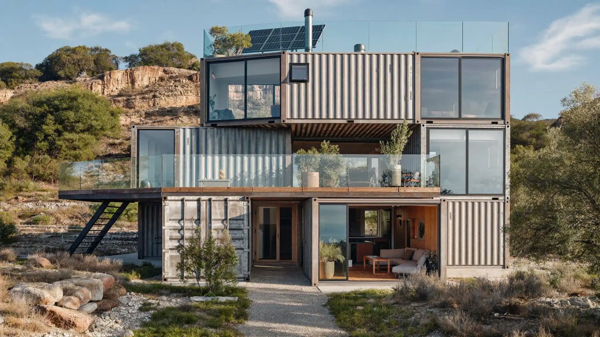 A modern home constructed from stacked shipping containers with large glass windows.