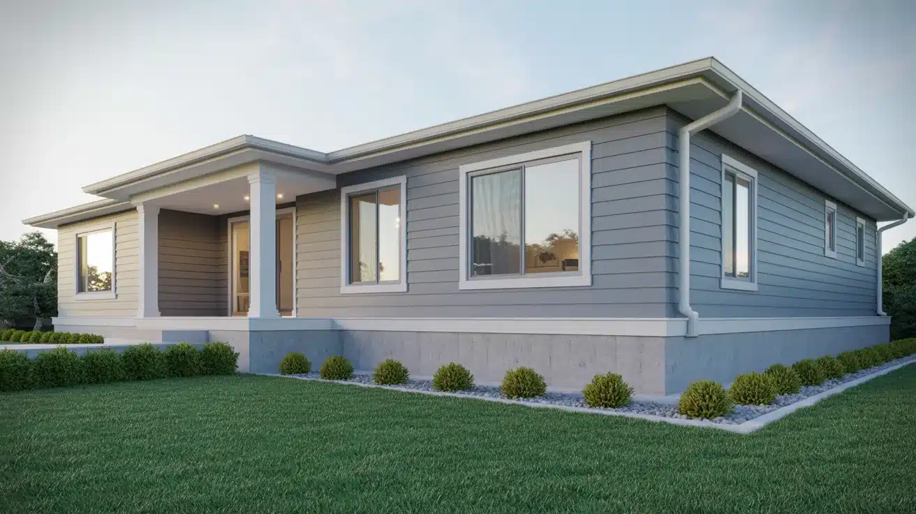A modern manufactured ranch-style home on a permanent foundation with gray vinyl siding
