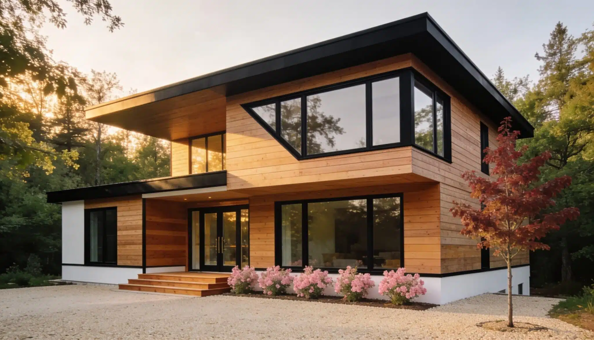 A modern mid-century home with flat rooflines, large floor-to-ceiling glass walls, and warm wood exterior paneling.