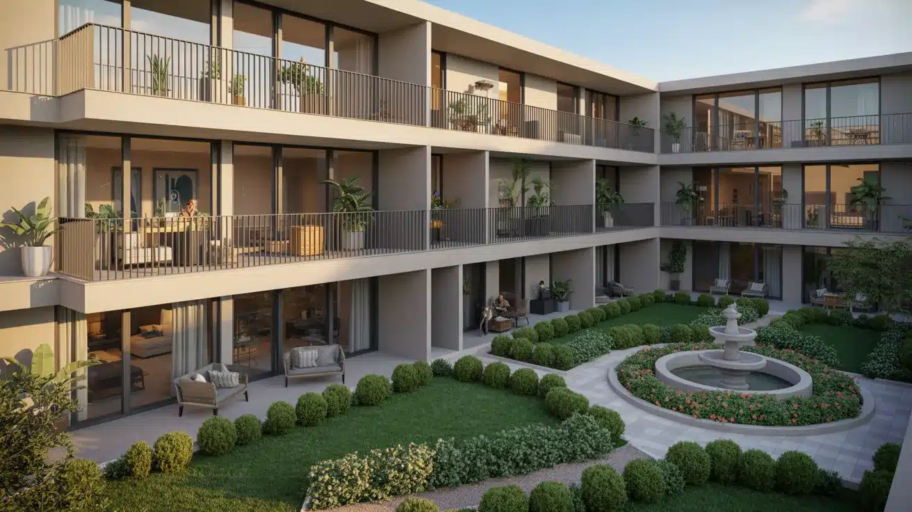 A multi-story apartment building with balconies and a landscaped courtyard.