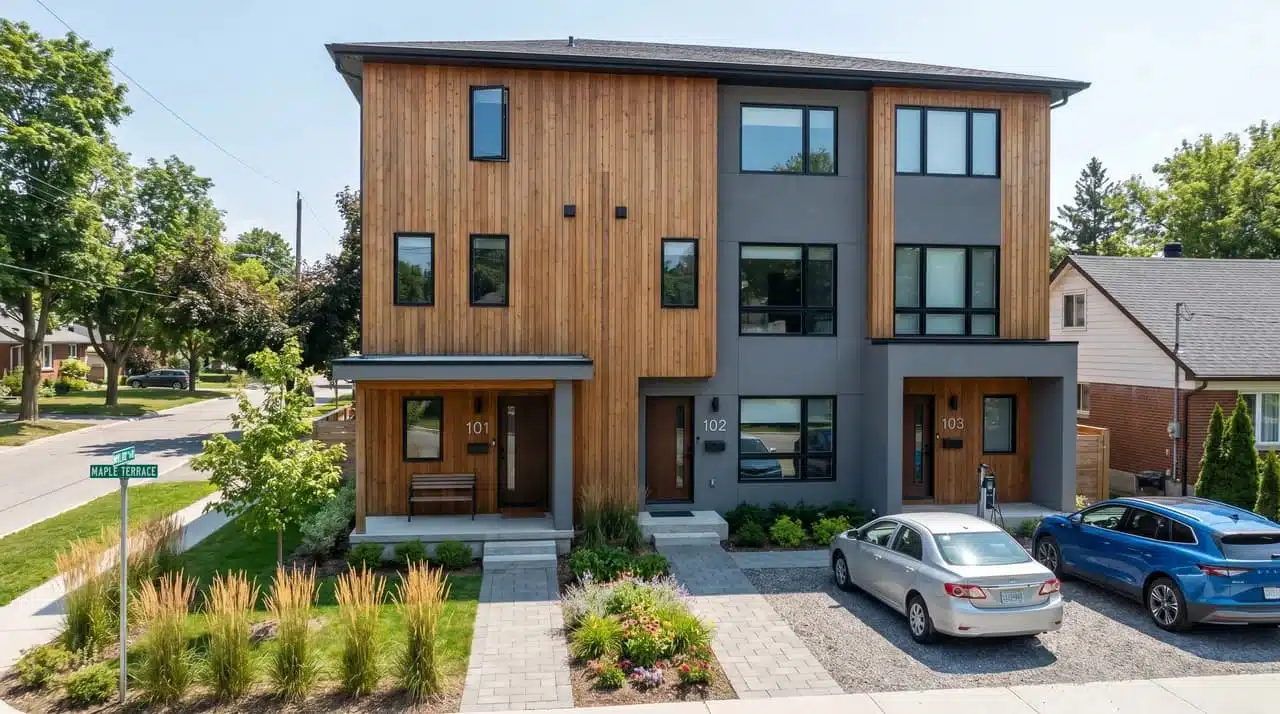 A multi-unit residential building with separate private entrances for each independent living space.
