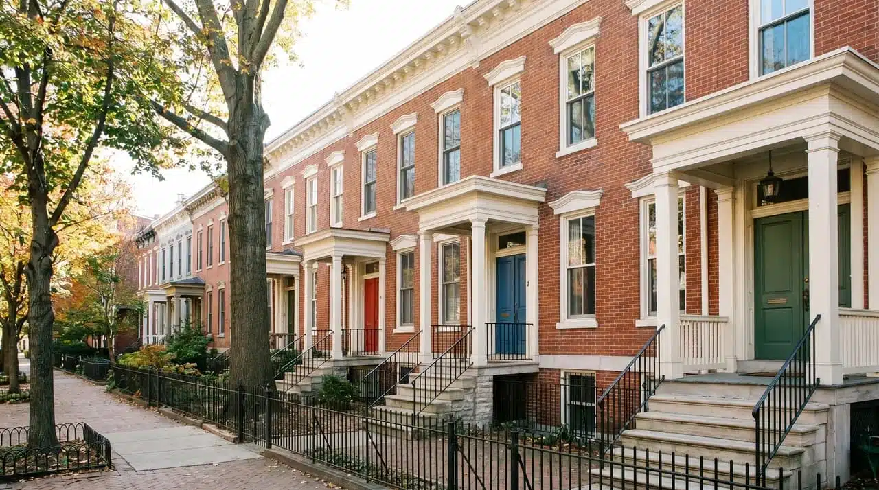 A row of multi-story brick townhouses with individual entrances and shared side walls.