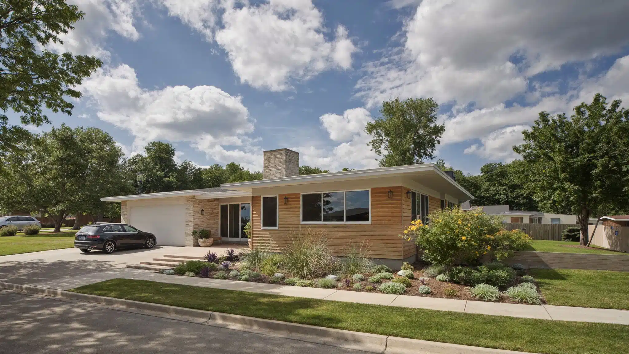 A sprawling single-story Ranch home with a low-pitched roof and an attached garage.