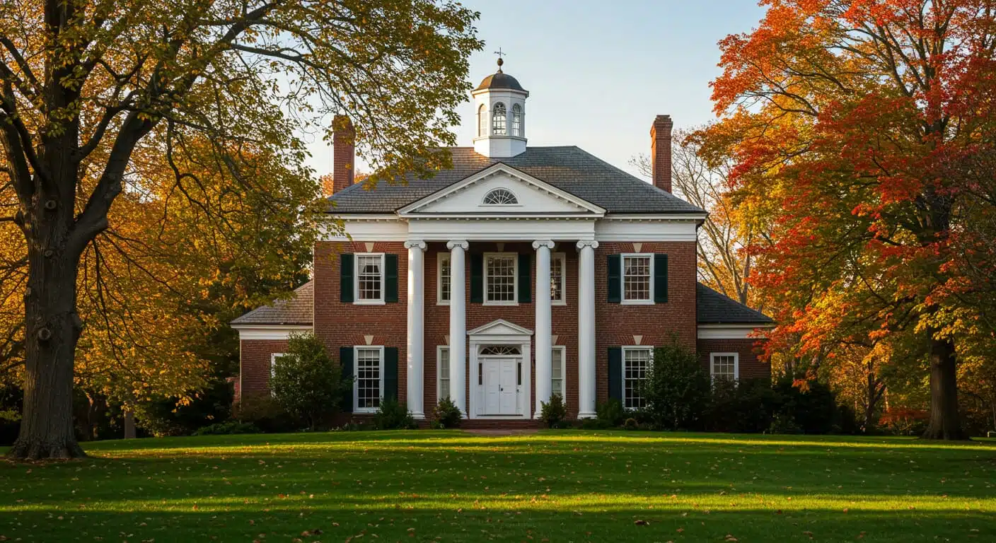 A symmetrical two-story brick Colonial house with white shutters and a centered front door.
