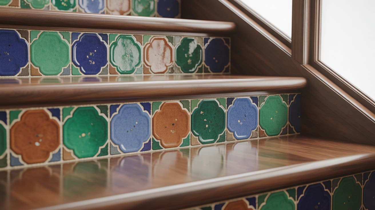Close-up of Zellige and handmade Moroccan tiles on stair risers, featuring irregular glazes, unique surface textures, and vibrant colors