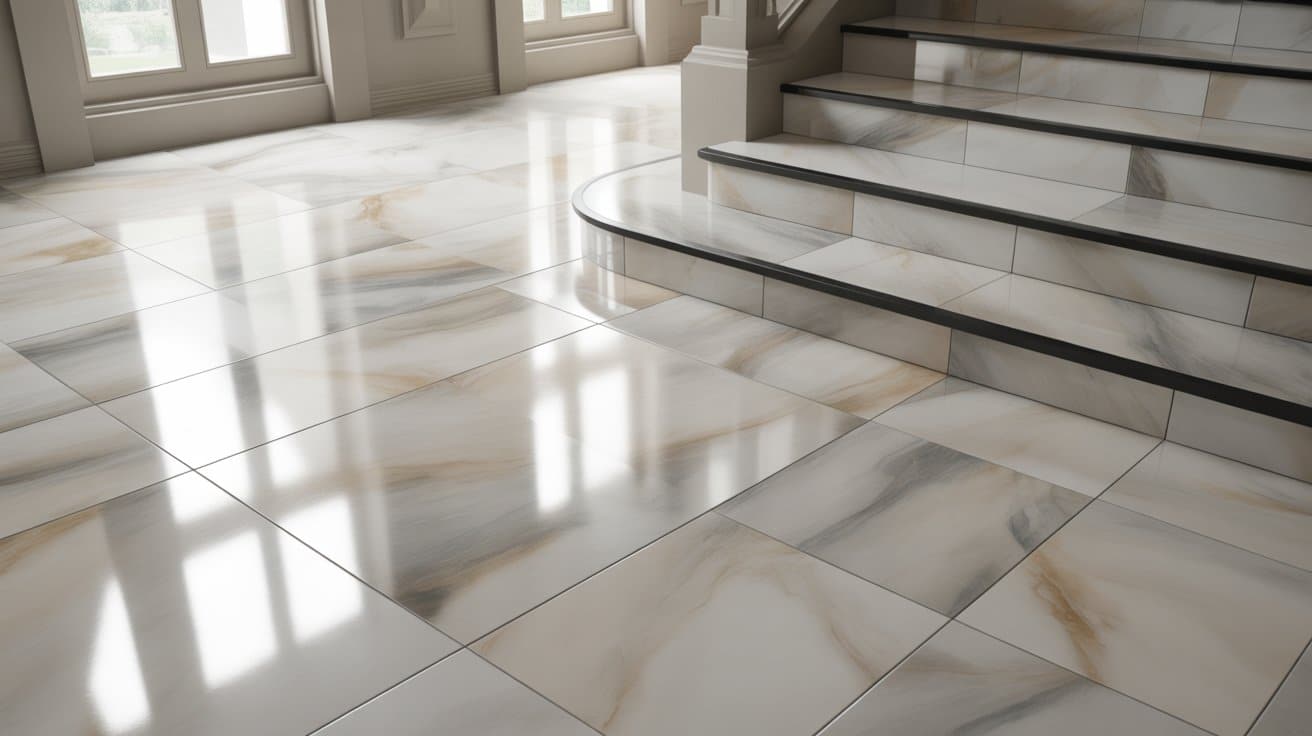 Close-up of porcelain tiles on a staircase, featuring a smooth, glossy finish with subtle marble or stone-like patterns