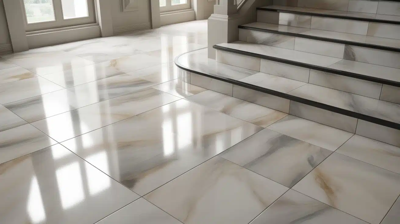 Close-up of porcelain tiles on a staircase, featuring a smooth, glossy finish with subtle marble or stone-like patterns