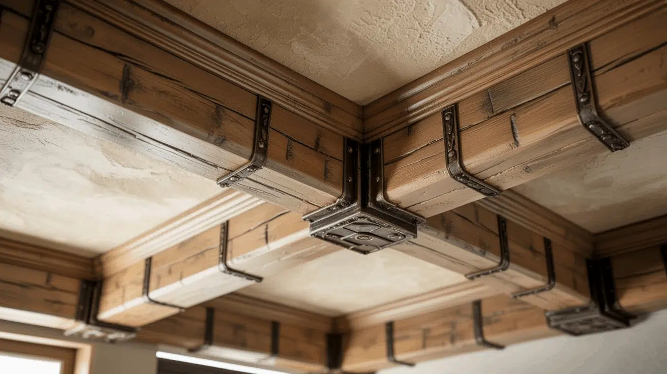 Close-up of rustic faux beams with decorative metal straps on a textured ceiling.