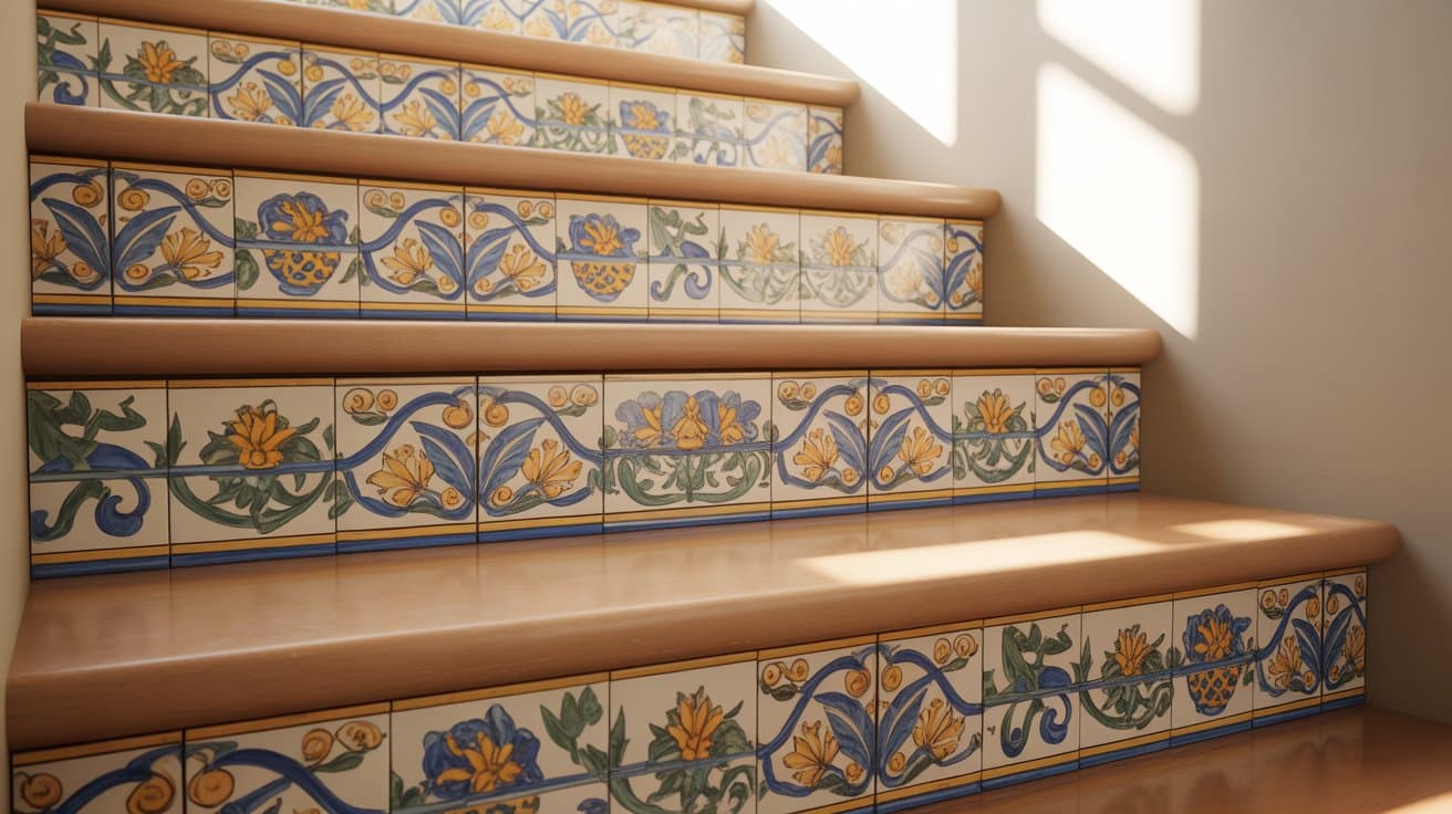Close-up of stair risers featuring different tile materials.