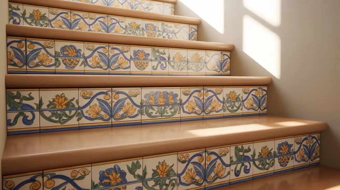 Close-up of stair risers featuring different tile materials.