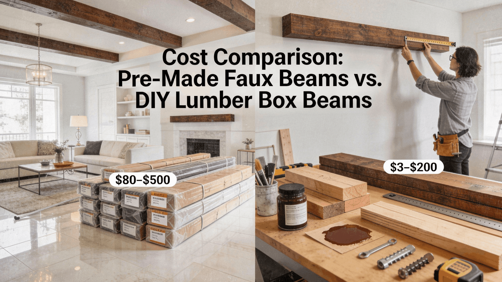 Cost comparison of pre-made faux beams and DIY lumber box beams in a bright living room