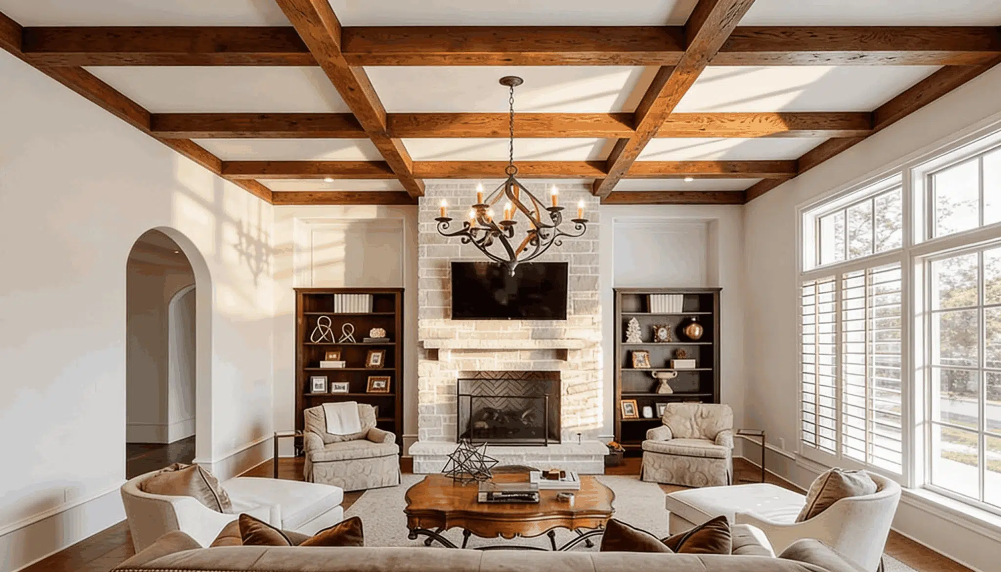 Elegant living room with dark faux wood ceiling beams and a bright open layout.