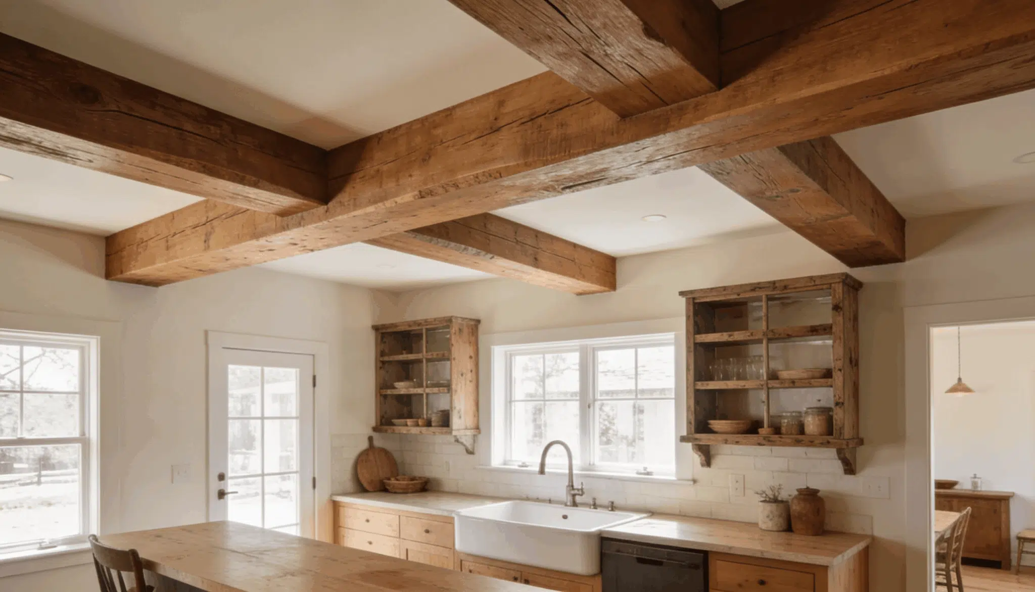 Farmhouse kitchen with rustic faux ceiling beams above white cabinets and sink area.