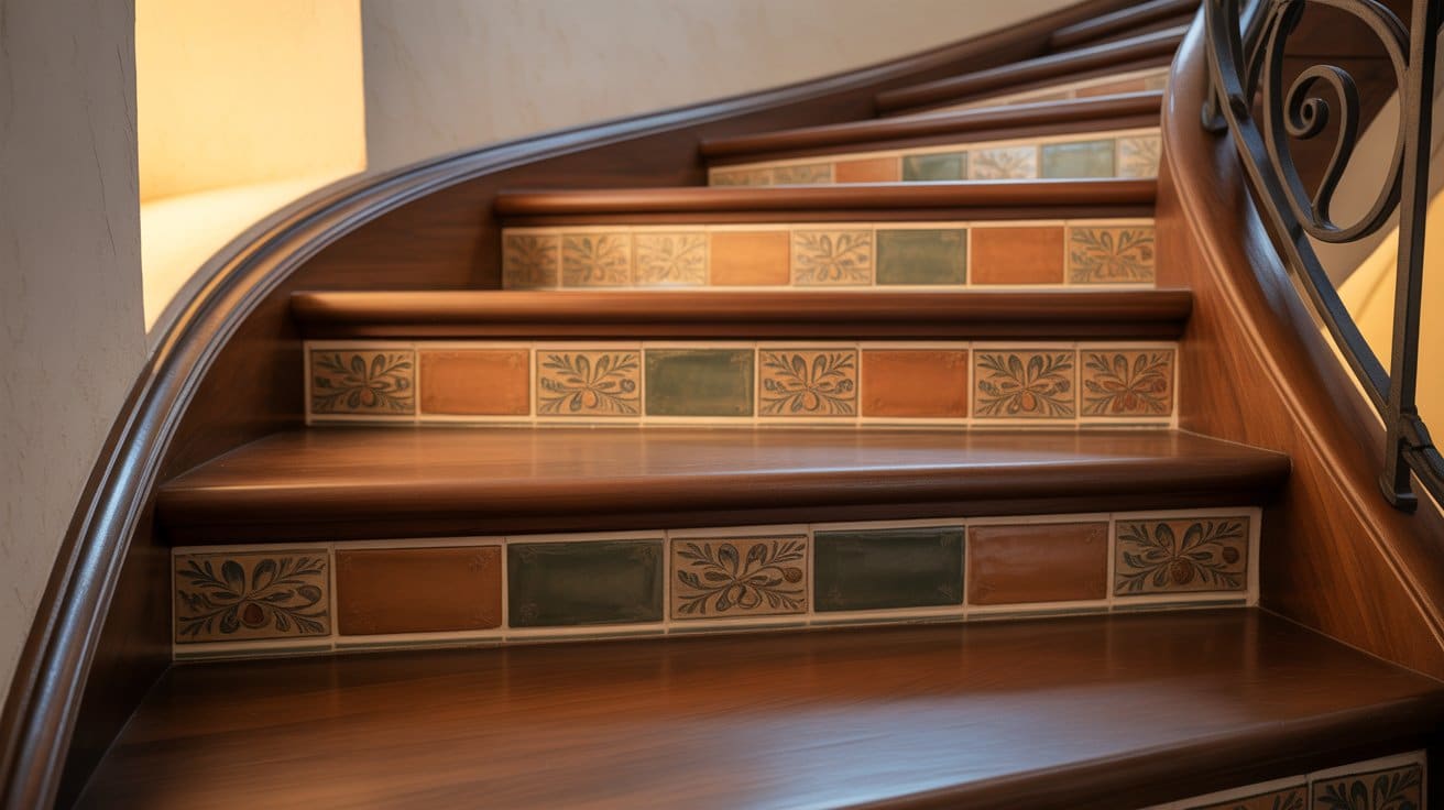Full view of a staircase with both tile treads and risers- polished marble with glossy finish, honed travertine with textured surface.
