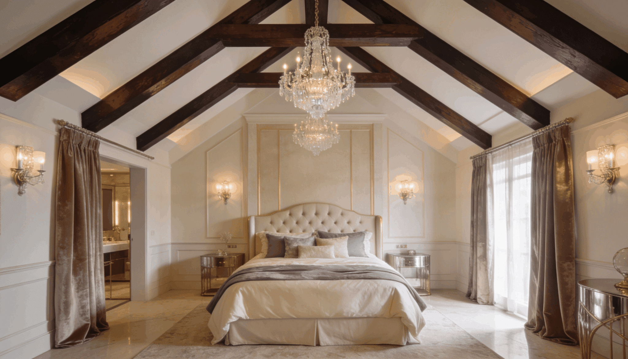 Luxury bedroom with dark faux ceiling beams and chandeliers on a vaulted ceiling.