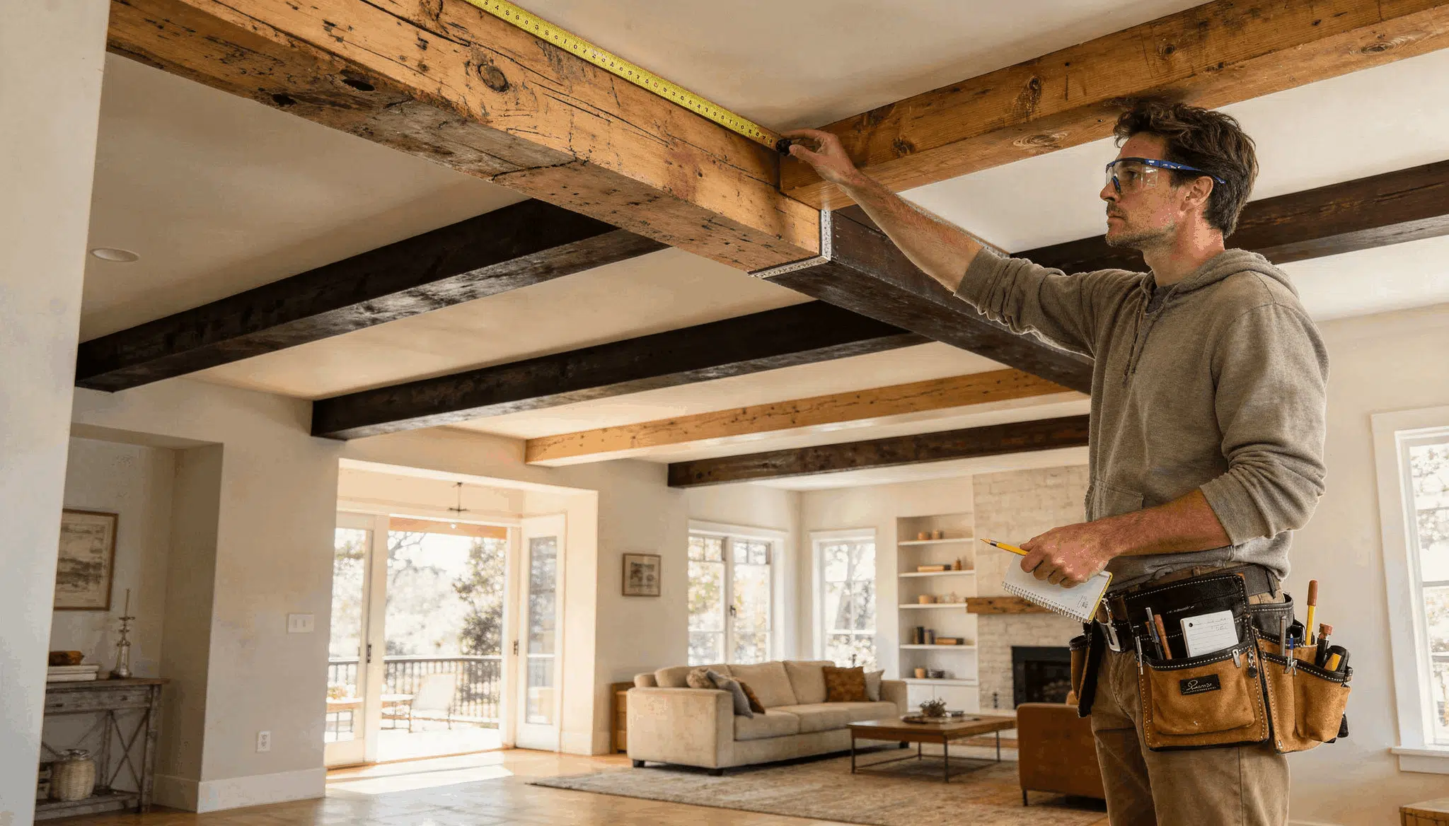 Man measuring and installing rustic faux ceiling beams in a modern farmhouse living room.