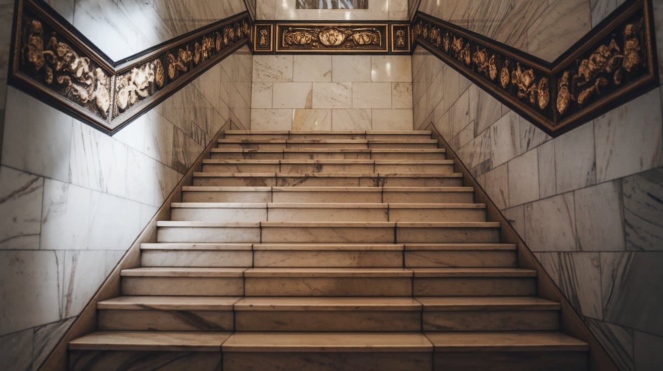 Marble tiles on stairs with a white finish.