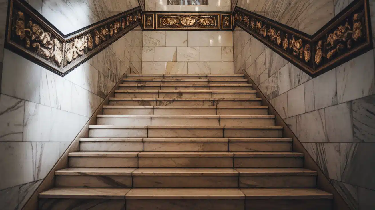 Marble tiles on stairs with a white finish.