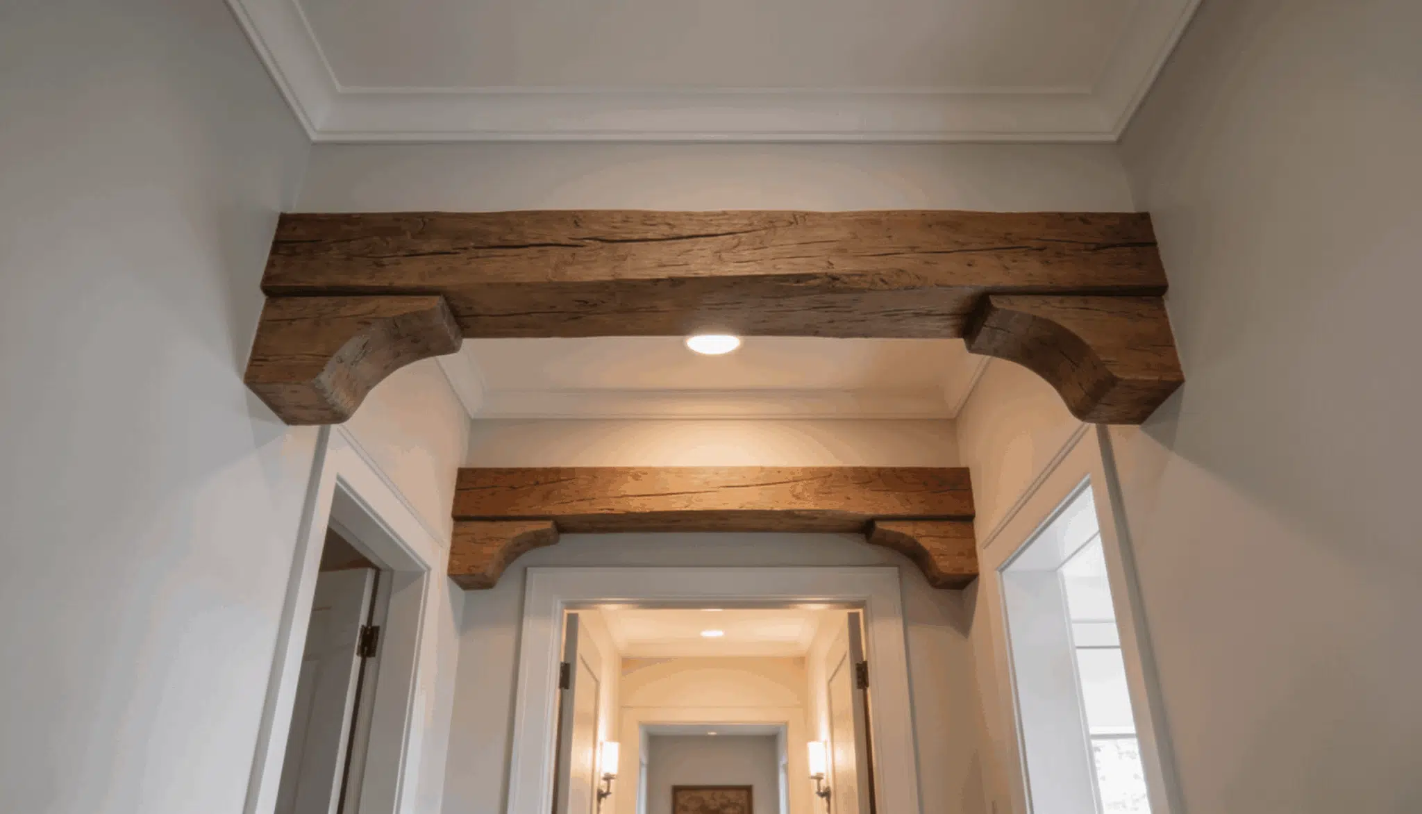 Rustic faux wood beams installed across a bright hallway ceiling with white trim details.