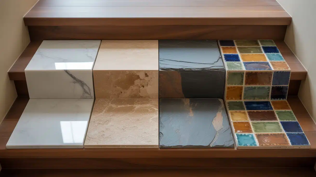 Side-by-side comparison of different tile materials for stair treads and risers- polished marble with fine veining, honed travertine with warm tones