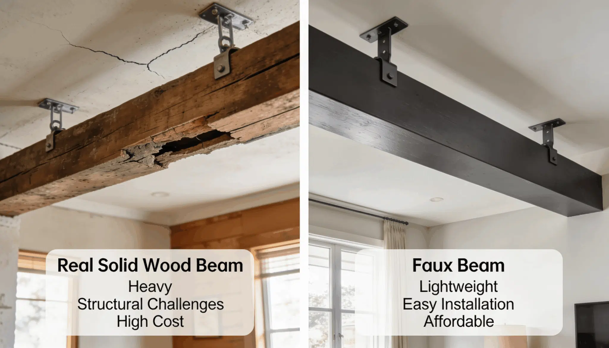 Side-by-side comparison of real wood beam and lightweight faux ceiling beam installation.