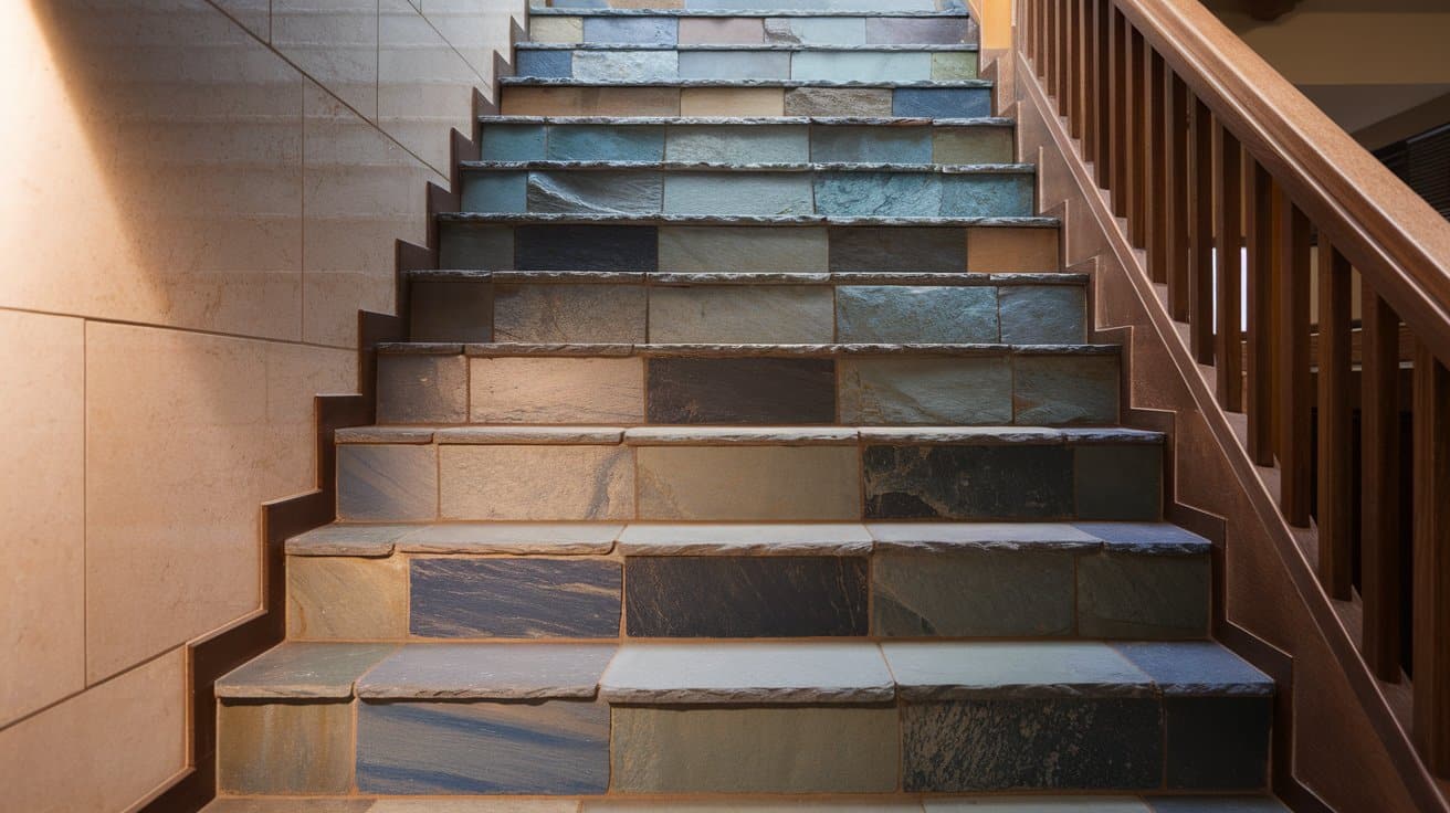 Slate tiles on stairs with a realistic finish.