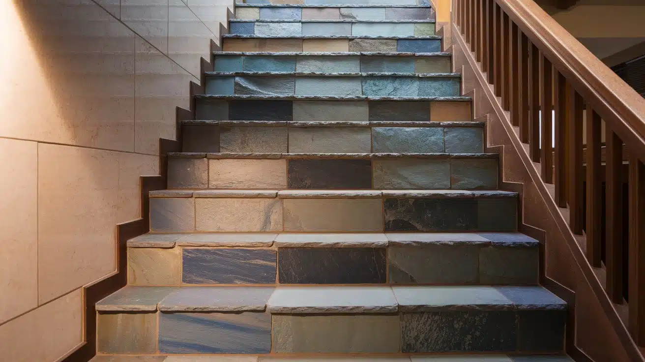 Slate tiles on stairs with a realistic finish.