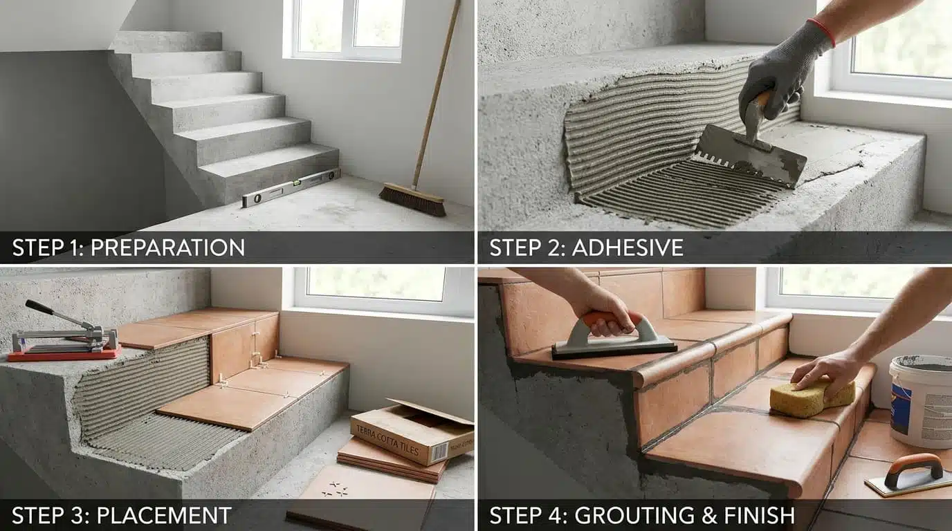 Step-by-step process of tiling stairs, showing the application of thinset to risers, back-buttering tiles, pressing them into place, and using spacers for consistent grout joints