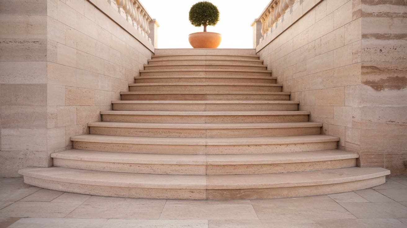 Tavertine tiles on stairs with a white finish.