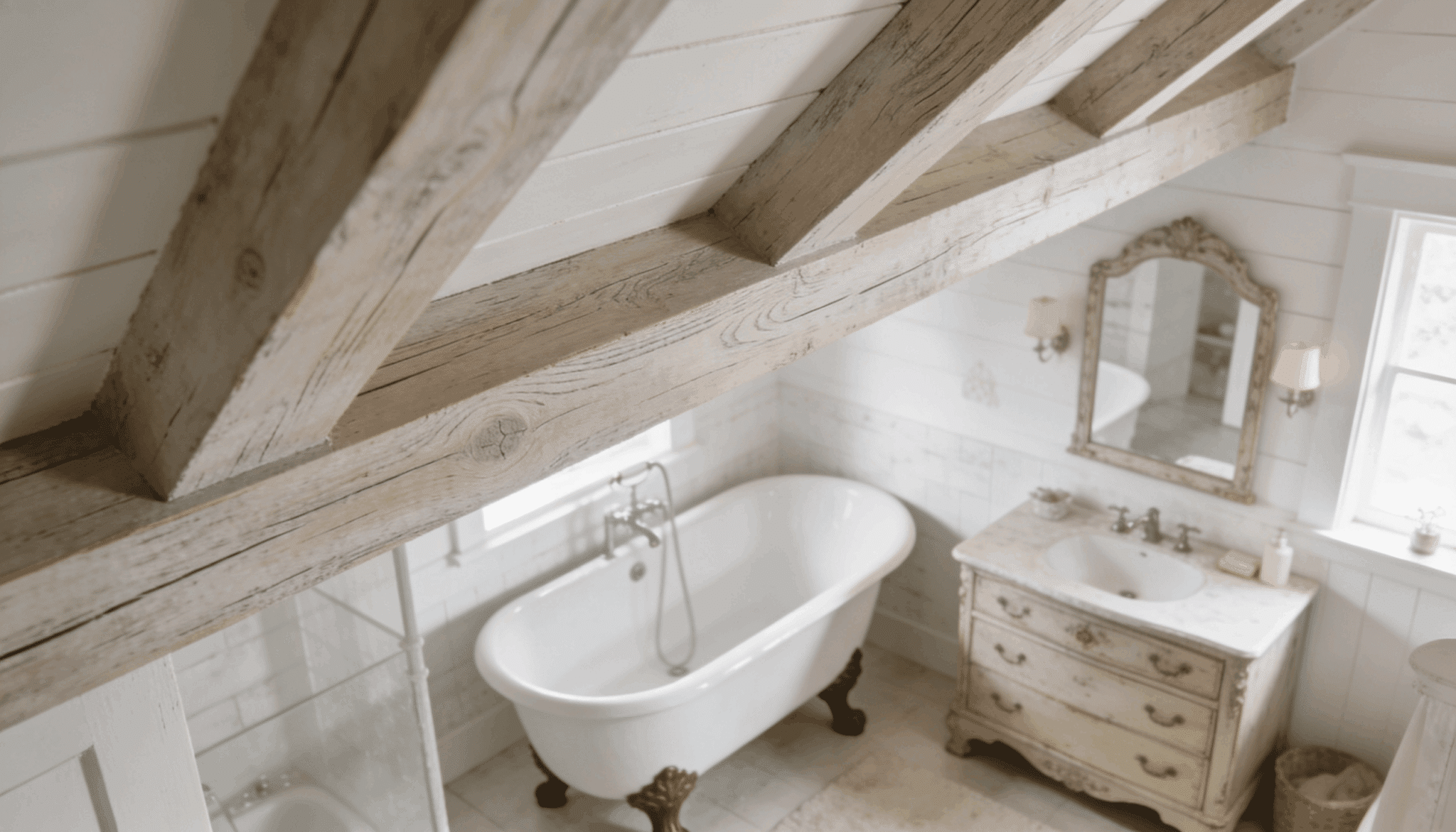White farmhouse bathroom with faux wood ceiling beams above a claw-foot bathtub.