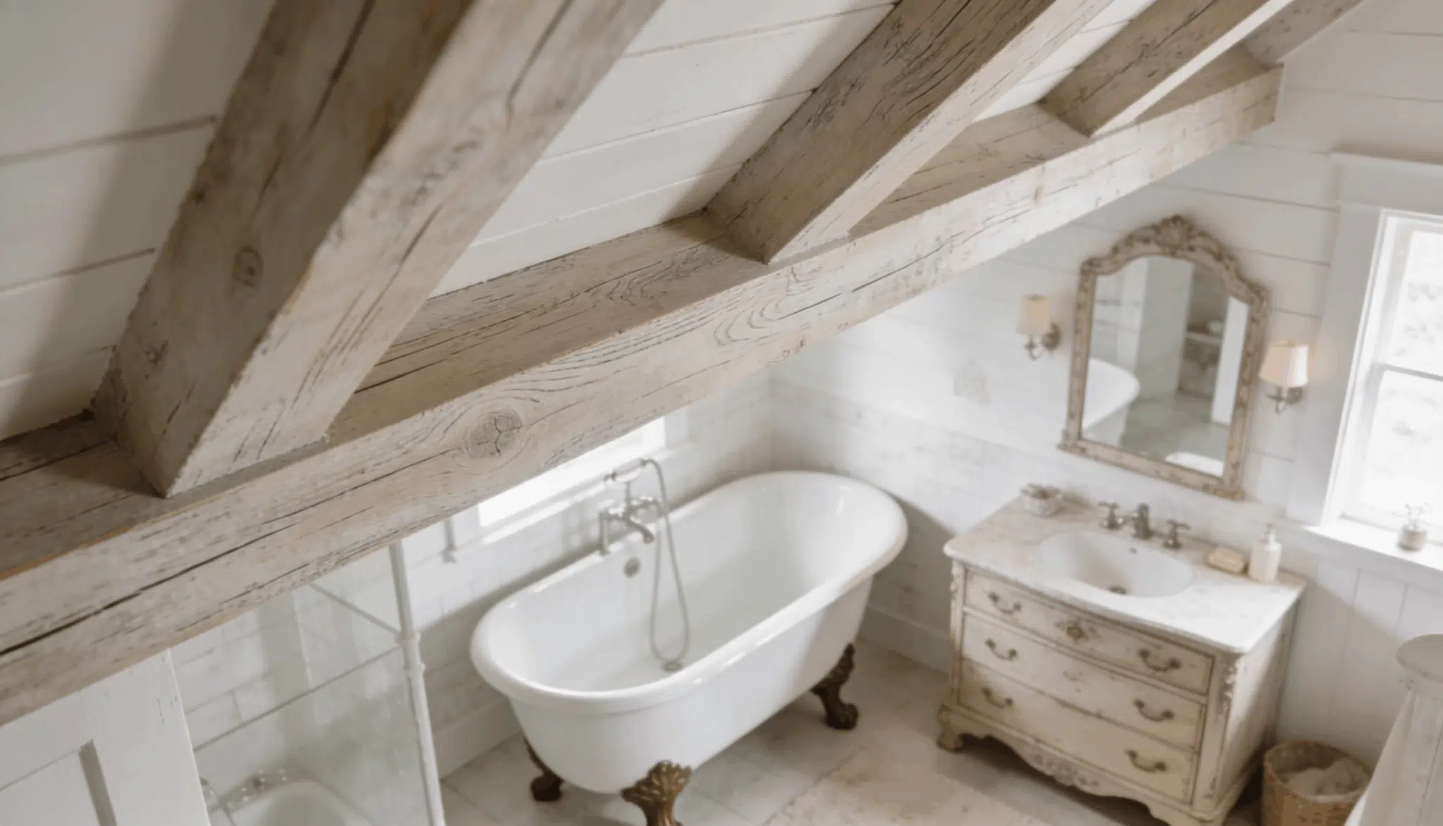 White farmhouse bathroom with faux wood ceiling beams above a claw-foot bathtub.