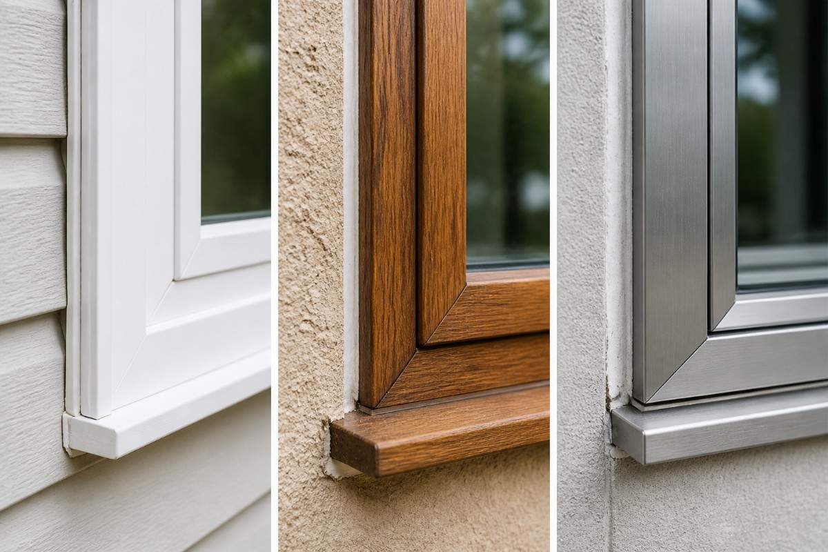 Triptych image showing vinyl, wood, and aluminum window frames with close-up joints where frame meets wall