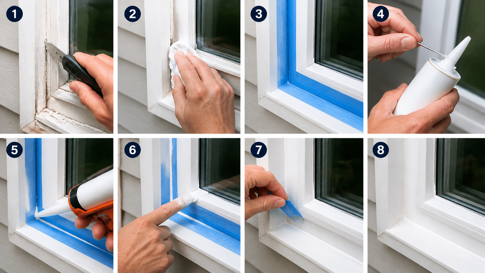 step by step collage showing the window caulking process from removing old seal to applying and smoothing new caulk