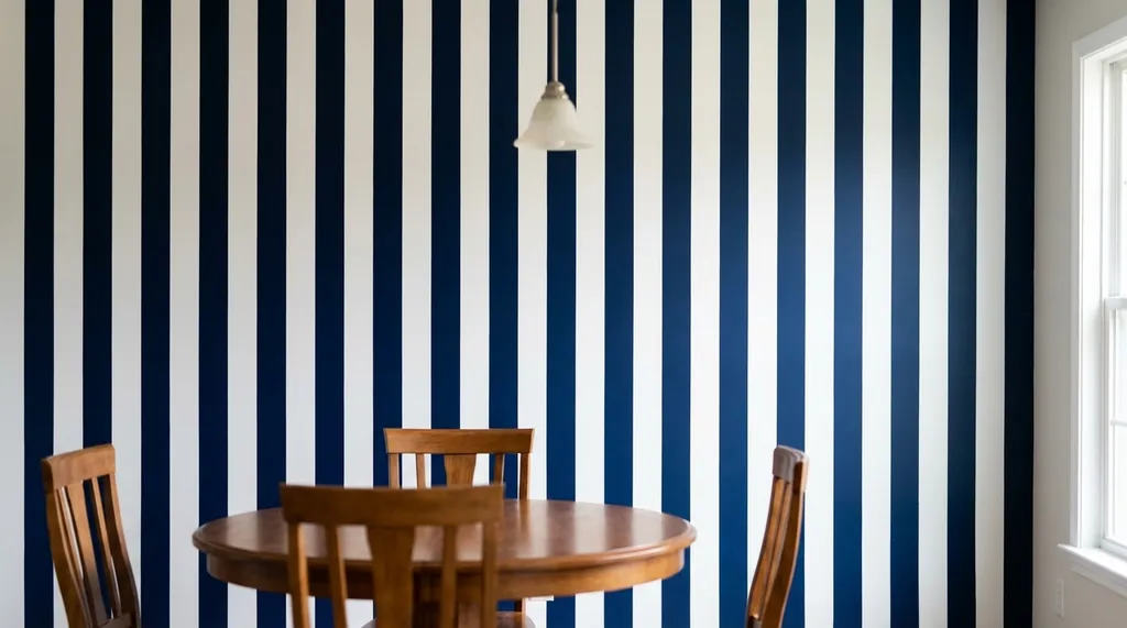 A bold, classic blue and white striped wall that adds a modern and clean vibe to the dining space.