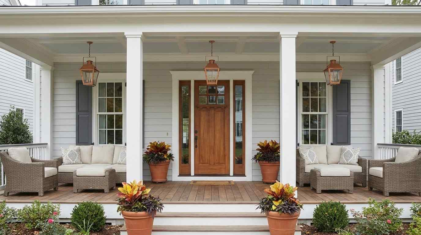 A traditional home exterior painted in light gray Benjamin Moore exterior paint color.